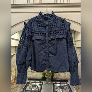 The Shirt by Rochelle Behrens Navy Lace Blouse Size Xl